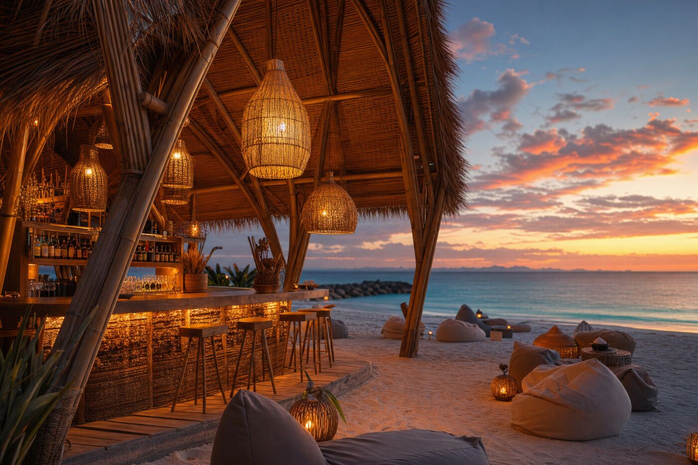 Bamboo A-frame beach bar lit by woven lanterns at dusk